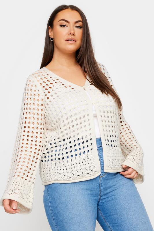 evans YOURS Curve Ivory White Button Through Crochet Cardigan