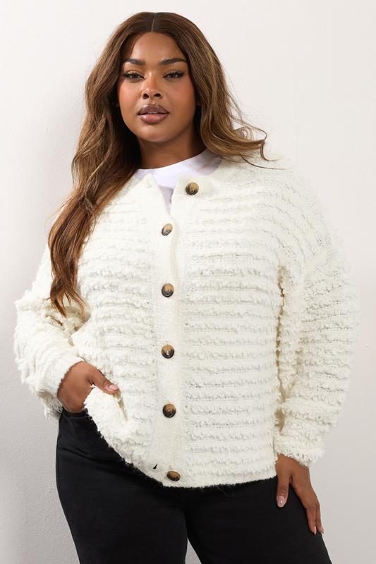 evans YOURS Curve Ivory White Chunky Boucle Knit Cardigan