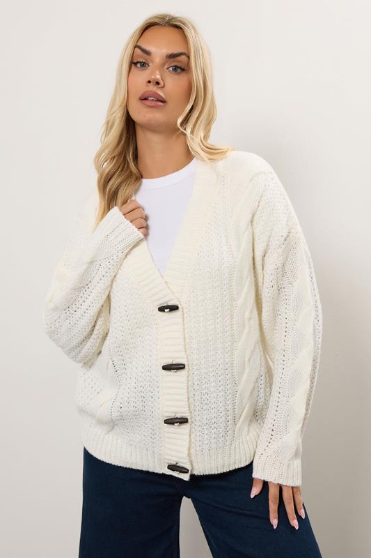 evans YOURS Curve Ivory White Chunky Cable Knit Cardigan