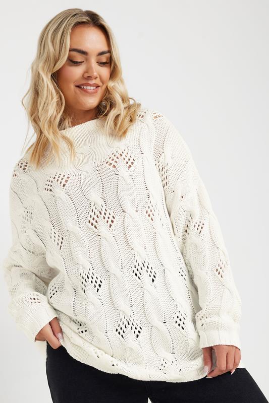 evans YOURS Curve Ivory White Chunky Cable Knit Jumper