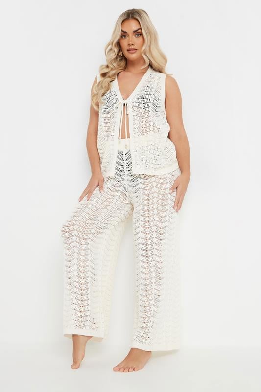 Evans YOURS Curve Ivory White Crochet Beach Trousers