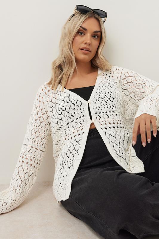Evans YOURS Curve Ivory White Crochet Button Through Cardigan