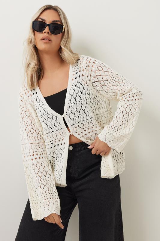 evans YOURS Curve Ivory White Crochet Button Through Cardigan