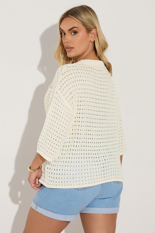 Evans YOURS Curve Ivory White Crochet Collared Knitted Jumper
