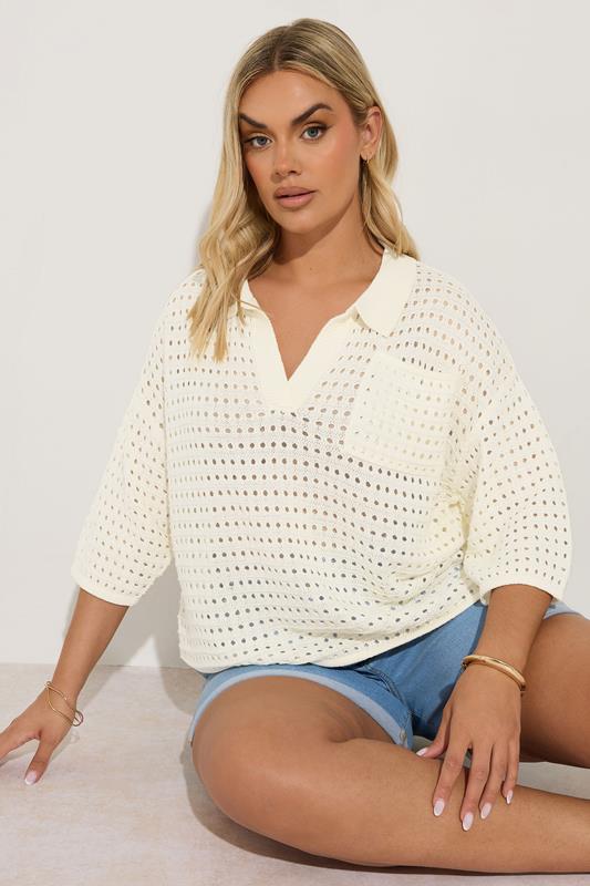 Evans YOURS Curve Ivory White Crochet Collared Knitted Jumper