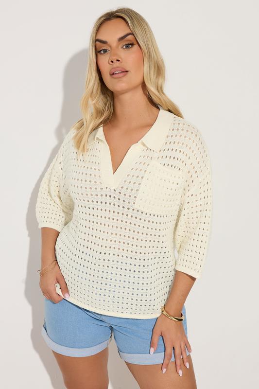 evans YOURS Curve Ivory White Crochet Collared Knitted Jumper