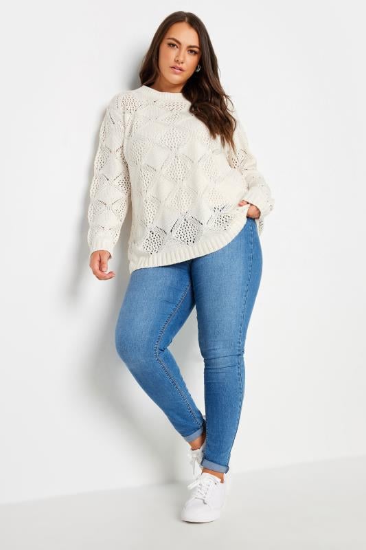 Evans YOURS Curve Ivory White Crochet Stitch Jumper