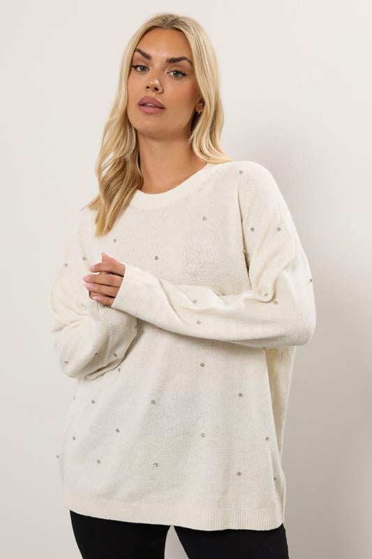 evans YOURS Curve Ivory White Embellished Front Jumper