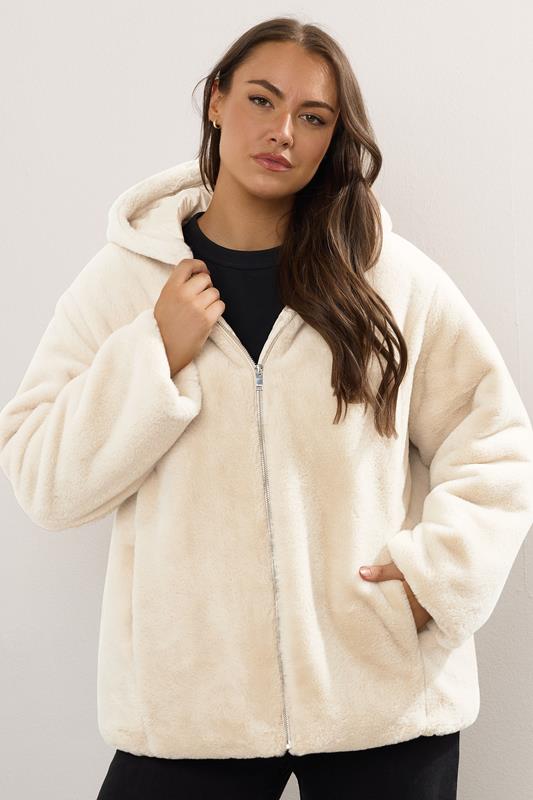 Evans YOURS Curve Ivory White Faux Fur Hooded Jacket