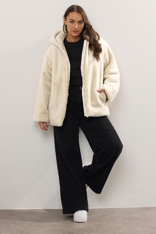 Evans YOURS Curve Ivory White Faux Fur Hooded Jacket