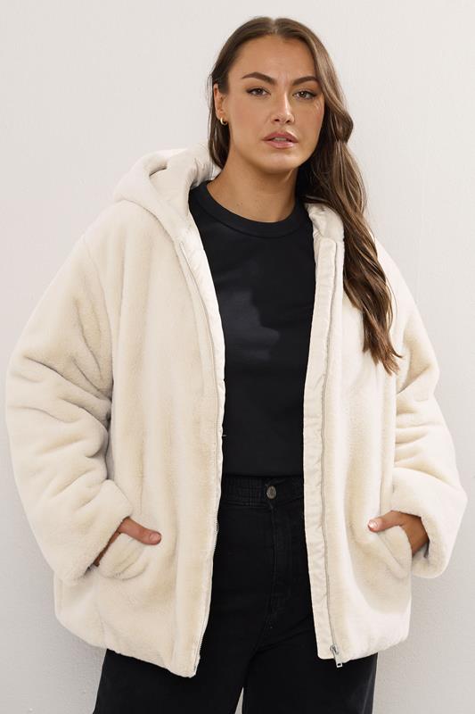 evans YOURS Curve Ivory White Faux Fur Hooded Jacket
