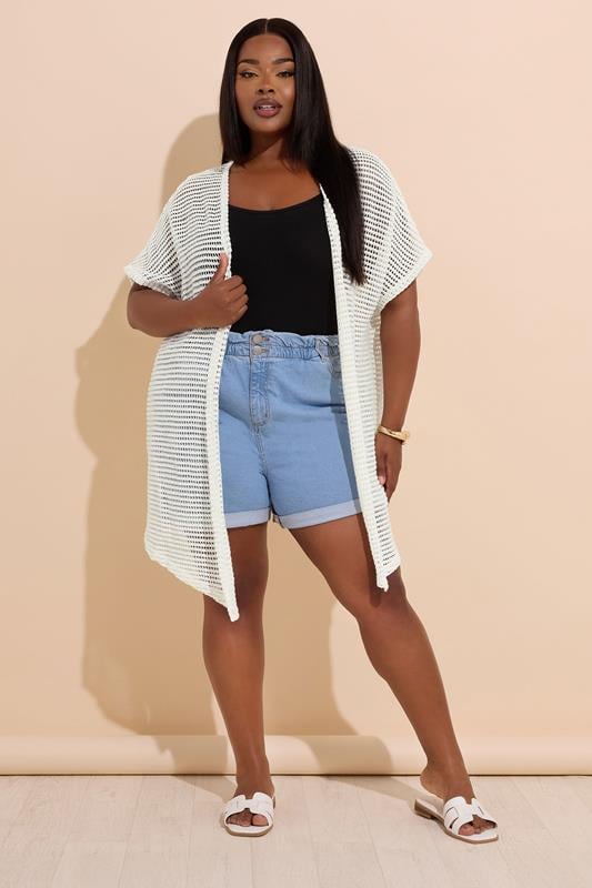 Evans YOURS Curve Ivory White Grown On Sleeve Crochet Cardigan