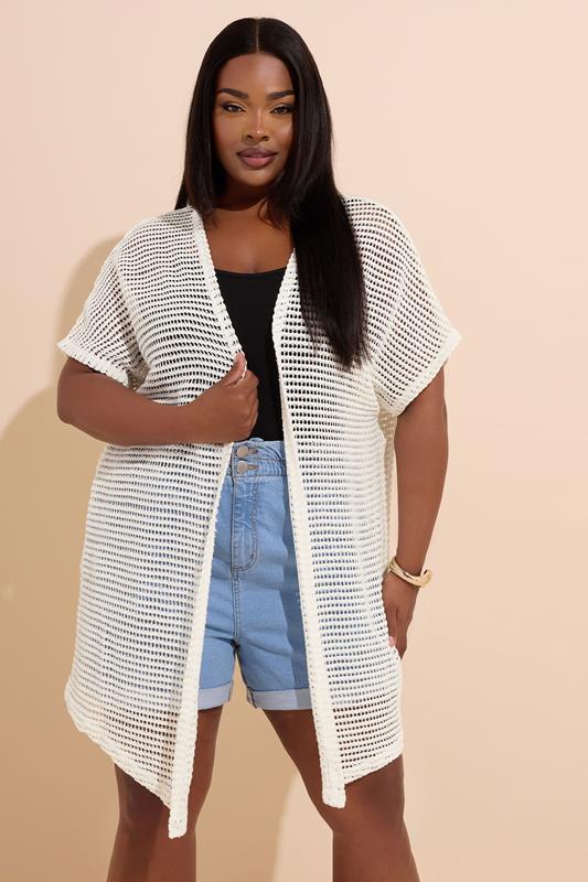 evans YOURS Curve Ivory White Grown On Sleeve Crochet Cardigan
