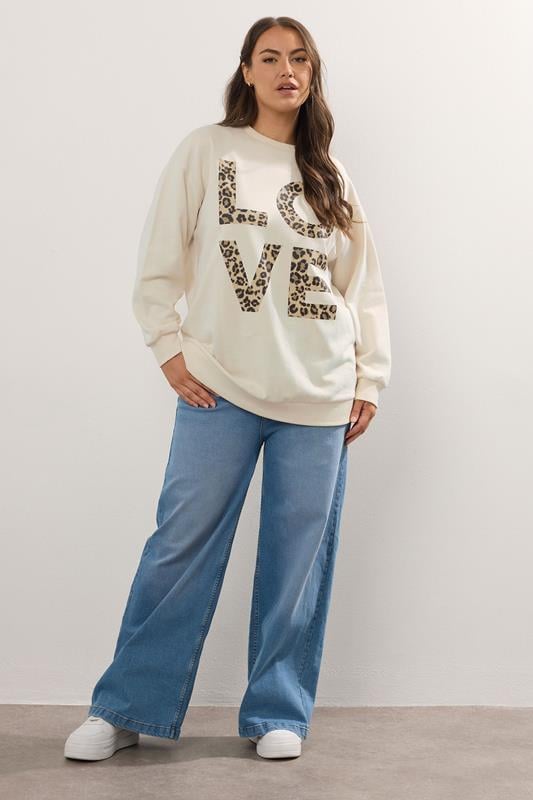 Evans YOURS Curve Ivory White Leopard Print 'Love' Sweatshirt