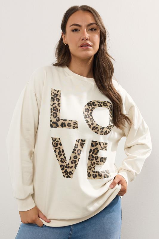 evans YOURS Curve Ivory White Leopard Print 'Love' Sweatshirt