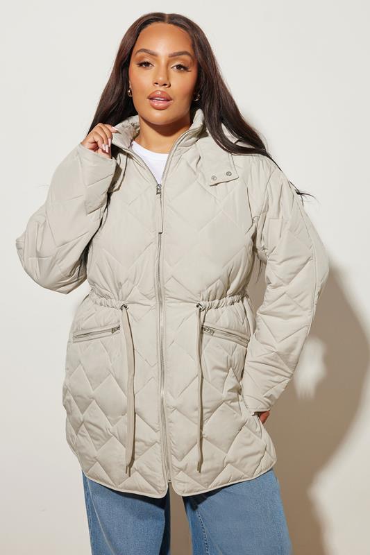 Evans YOURS Curve Ivory White Midi Quilted Padded Jacket