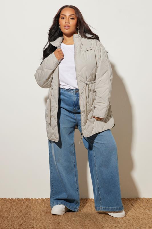 Evans YOURS Curve Ivory White Midi Quilted Padded Jacket