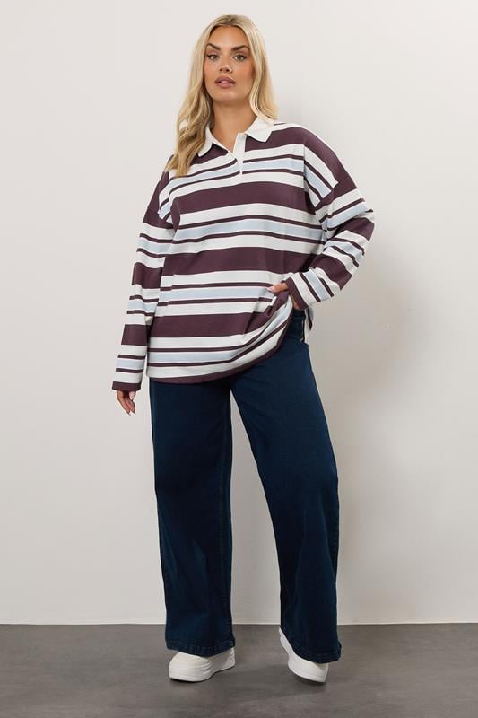 Evans YOURS Curve Ivory White & Red Stripe Rugby Collar Top