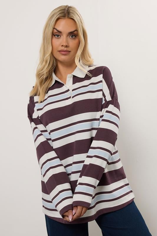 evans YOURS Curve Ivory White & Red Stripe Rugby Collar Top