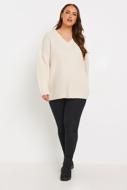 Evans YOURS Curve Ivory White Waffle Knit V-Neck Jumper
