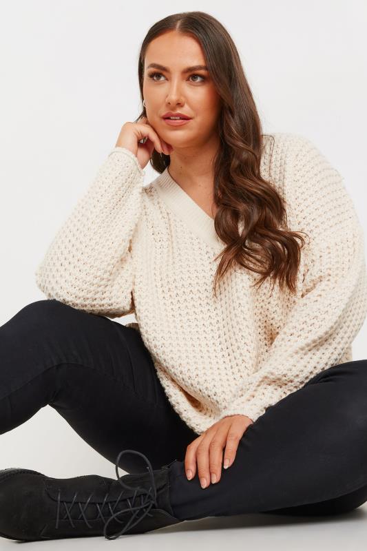Evans YOURS Curve Ivory White Waffle Knit V-Neck Jumper