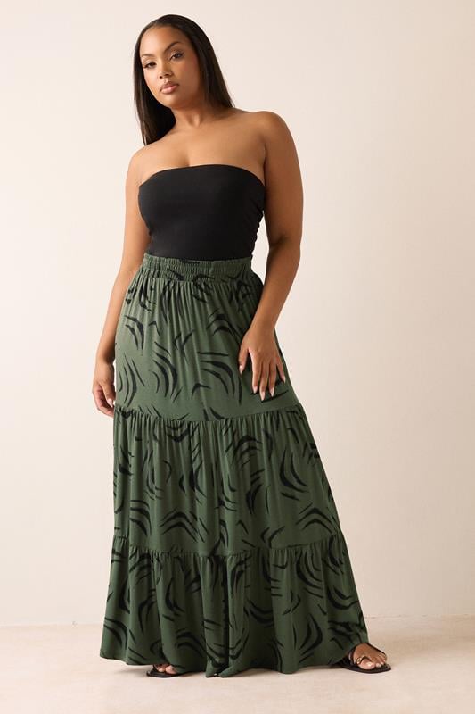 Evans YOURS Curve Khaki Green Abstract Tiered Maxi Skirt