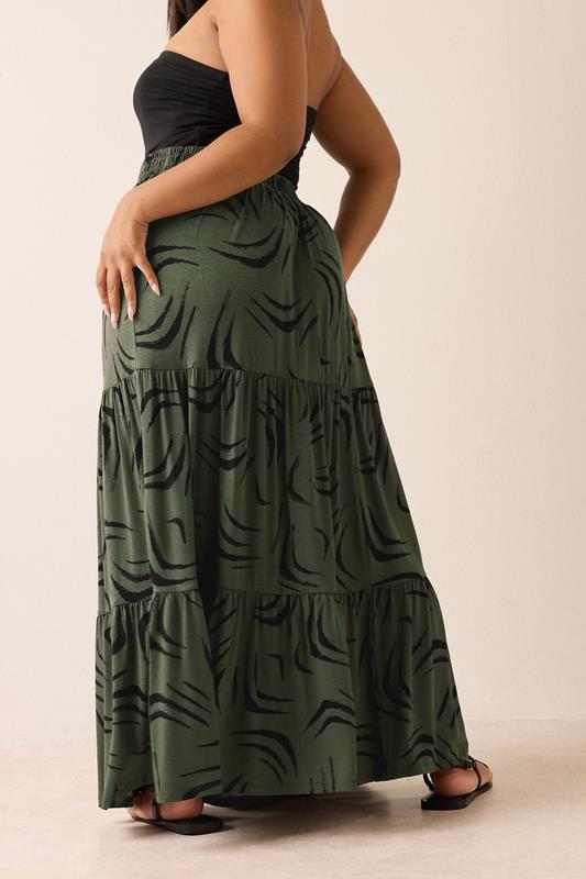 Evans YOURS Curve Khaki Green Abstract Tiered Maxi Skirt