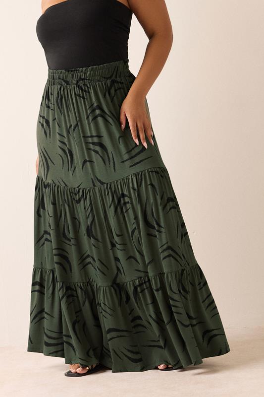 evans YOURS Curve Khaki Green Abstract Tiered Maxi Skirt