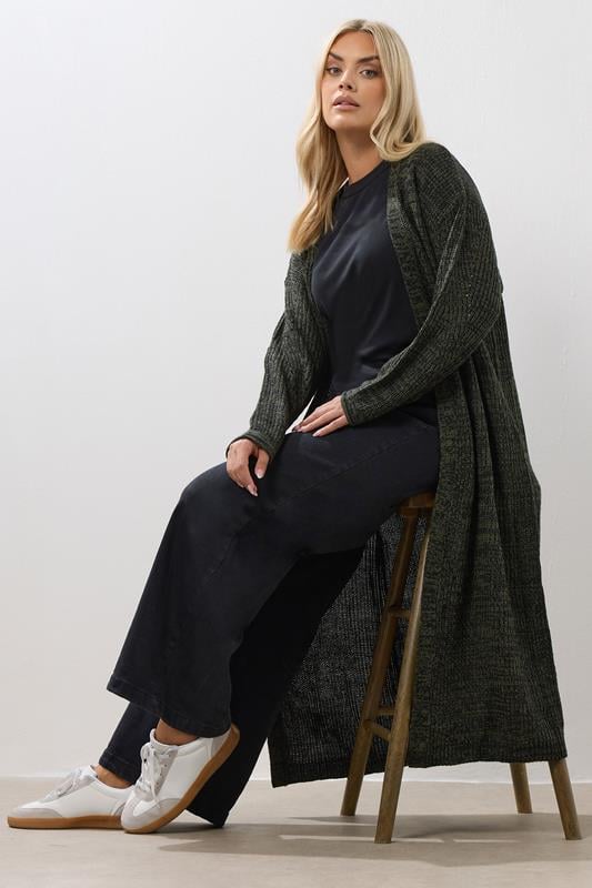 Evans YOURS Curve Khaki Green & Black Knitted Maxi Cardigan