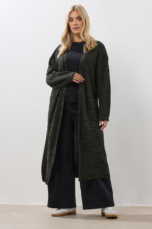 evans YOURS Curve Khaki Green & Black Knitted Maxi Cardigan