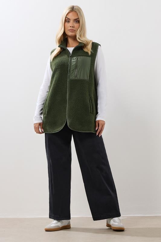 Evans YOURS Curve Khaki Green Borg Zip Pocket Gilet
