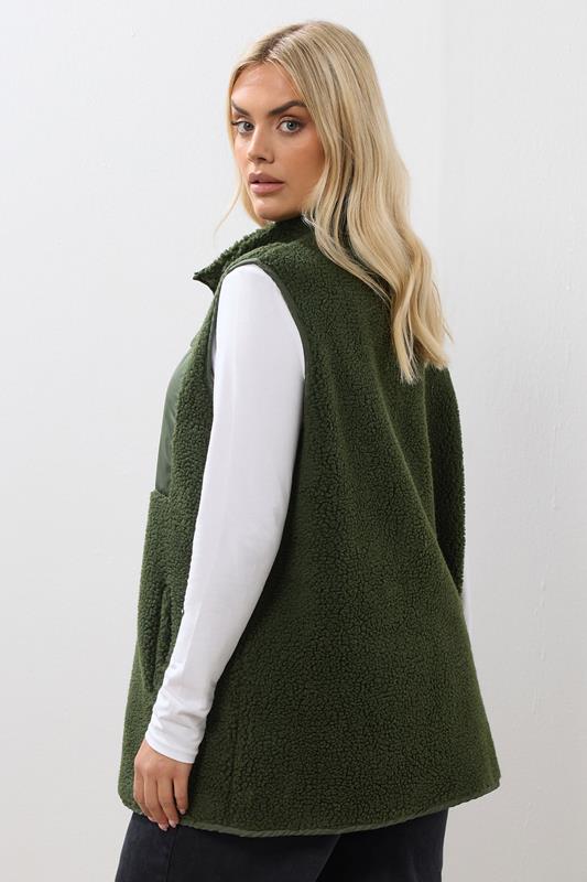 Evans YOURS Curve Khaki Green Borg Zip Pocket Gilet