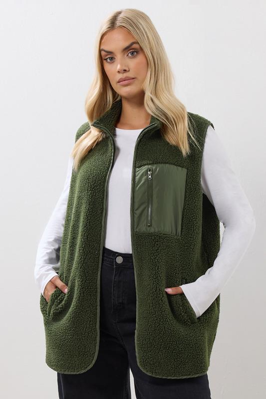 evans YOURS Curve Khaki Green Borg Zip Pocket Gilet