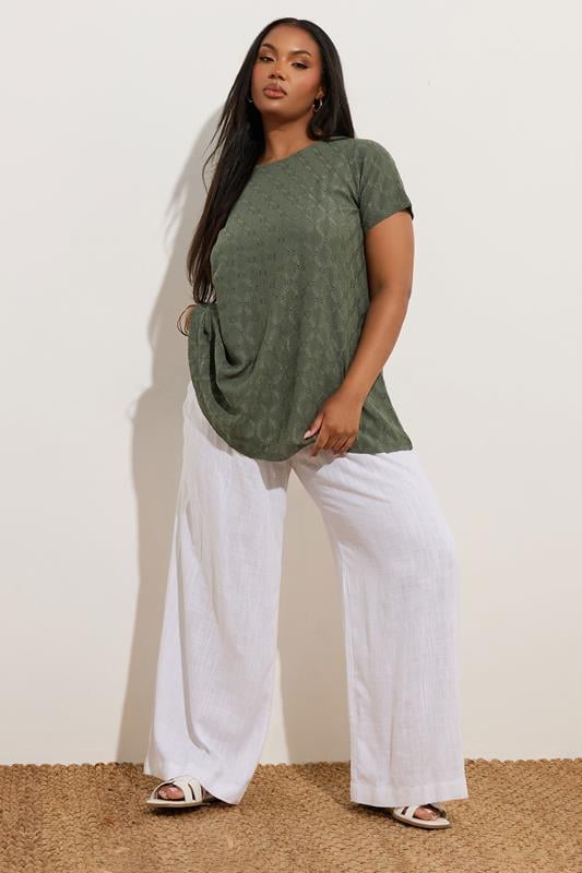 Evans YOURS Curve Khaki Green Broderie Anglaise Textured Swing Top