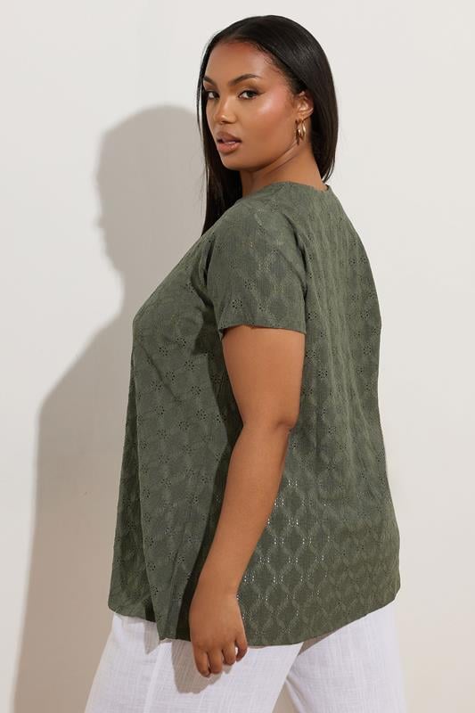 Evans YOURS Curve Khaki Green Broderie Anglaise Textured Swing Top