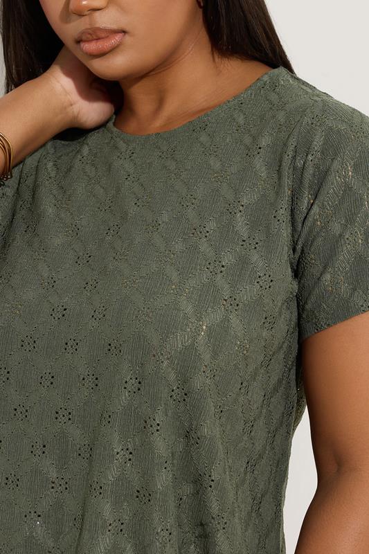 Evans YOURS Curve Khaki Green Broderie Anglaise Textured Swing Top