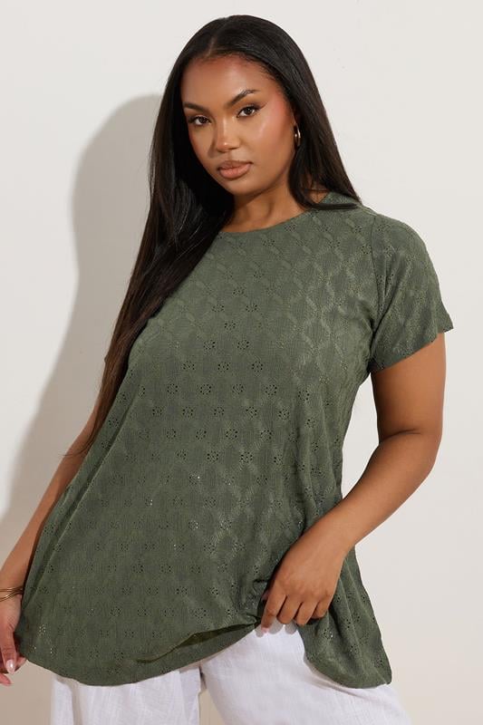 evans YOURS Curve Khaki Green Broderie Anglaise Textured Swing Top