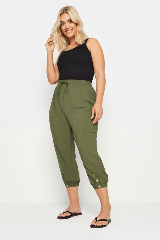 Evans YOURS Curve Khaki Green Button Front Cropped Trousers