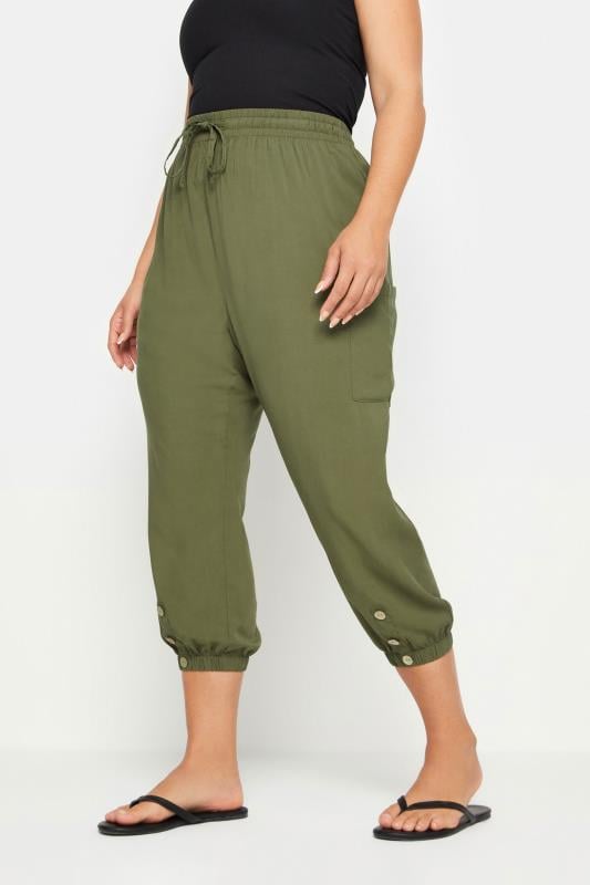 evans YOURS Curve Khaki Green Button Front Cropped Trousers
