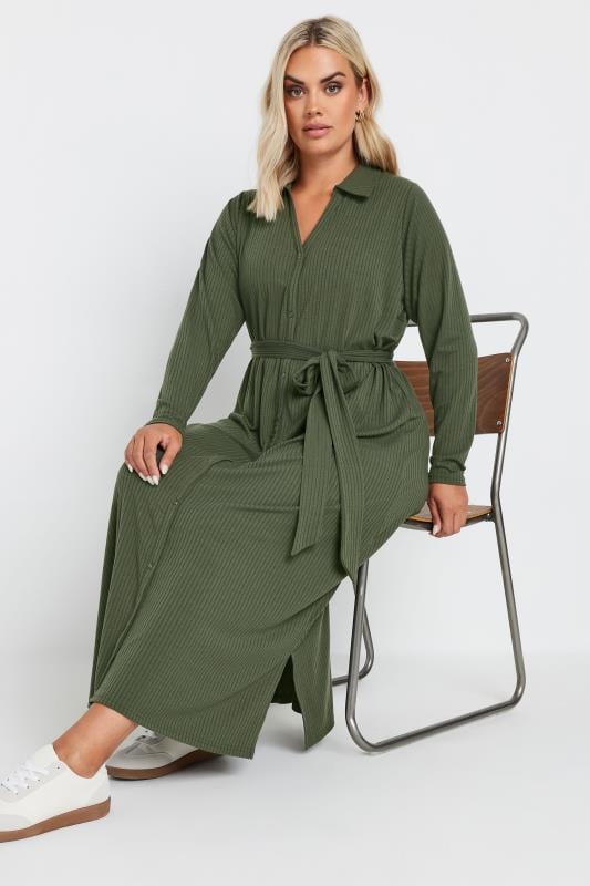 Evans YOURS Curve Khaki Green Button Front Ribbed Tie Waist Midi Dress