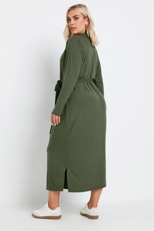 Evans YOURS Curve Khaki Green Button Front Ribbed Tie Waist Midi Dress