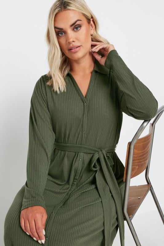 Evans YOURS Curve Khaki Green Button Front Ribbed Tie Waist Midi Dress