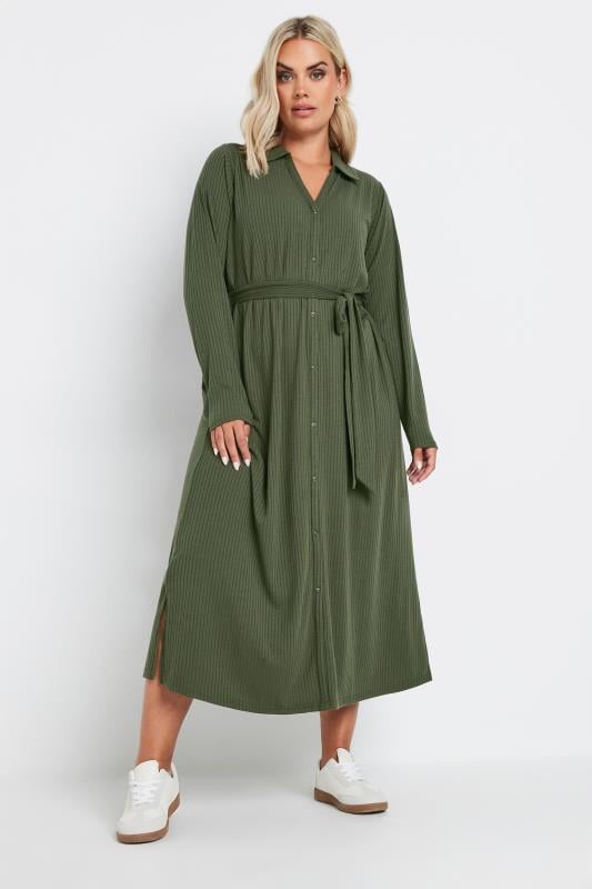 evans YOURS Curve Khaki Green Button Front Ribbed Tie Waist Midi Dress