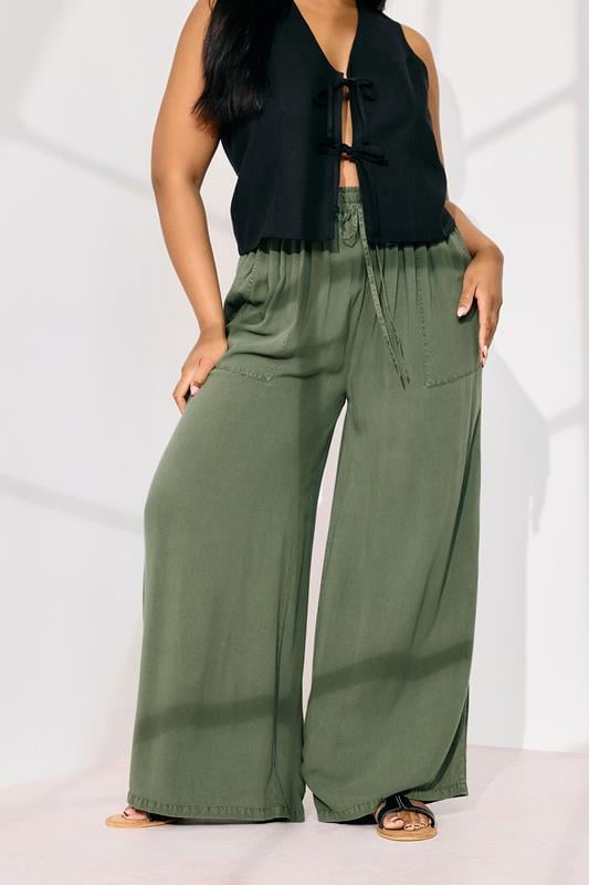 Evans YOURS Curve Khaki Green Chambray Tie Front Wide Leg Trousers