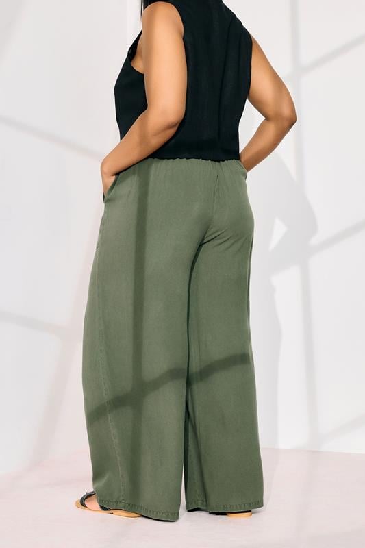 Evans YOURS Curve Khaki Green Chambray Tie Front Wide Leg Trousers