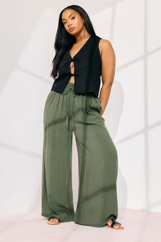 evans YOURS Curve Khaki Green Chambray Tie Front Wide Leg Trousers