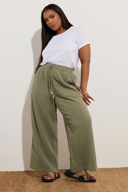 Evans YOURS Curve Khaki Green Cheesecloth Beaded Wide Leg Trousers