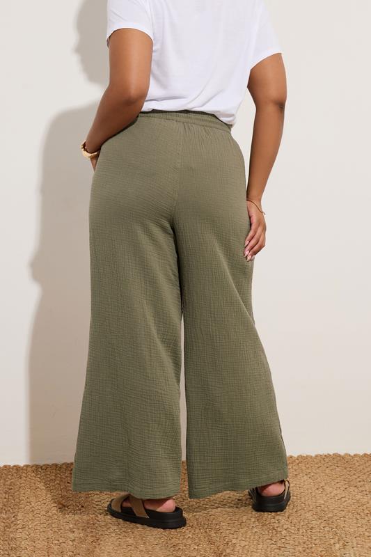 Evans YOURS Curve Khaki Green Cheesecloth Beaded Wide Leg Trousers