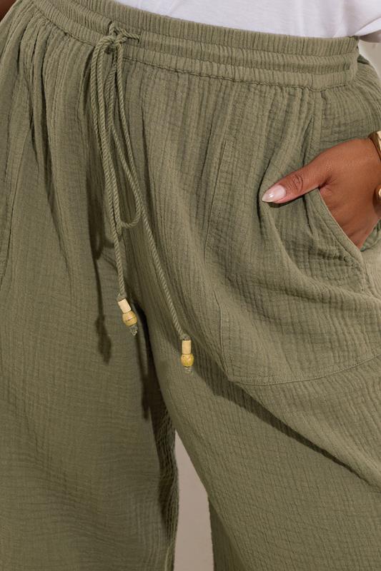 Evans YOURS Curve Khaki Green Cheesecloth Beaded Wide Leg Trousers
