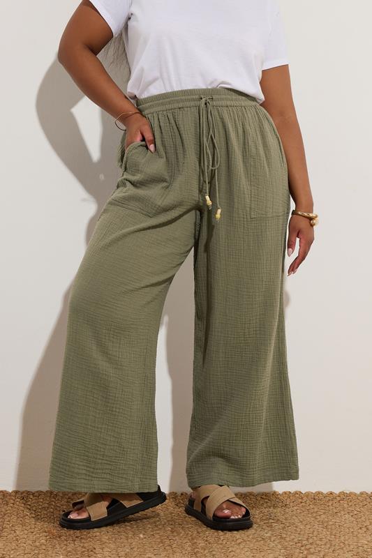 evans YOURS Curve Khaki Green Cheesecloth Beaded Wide Leg Trousers